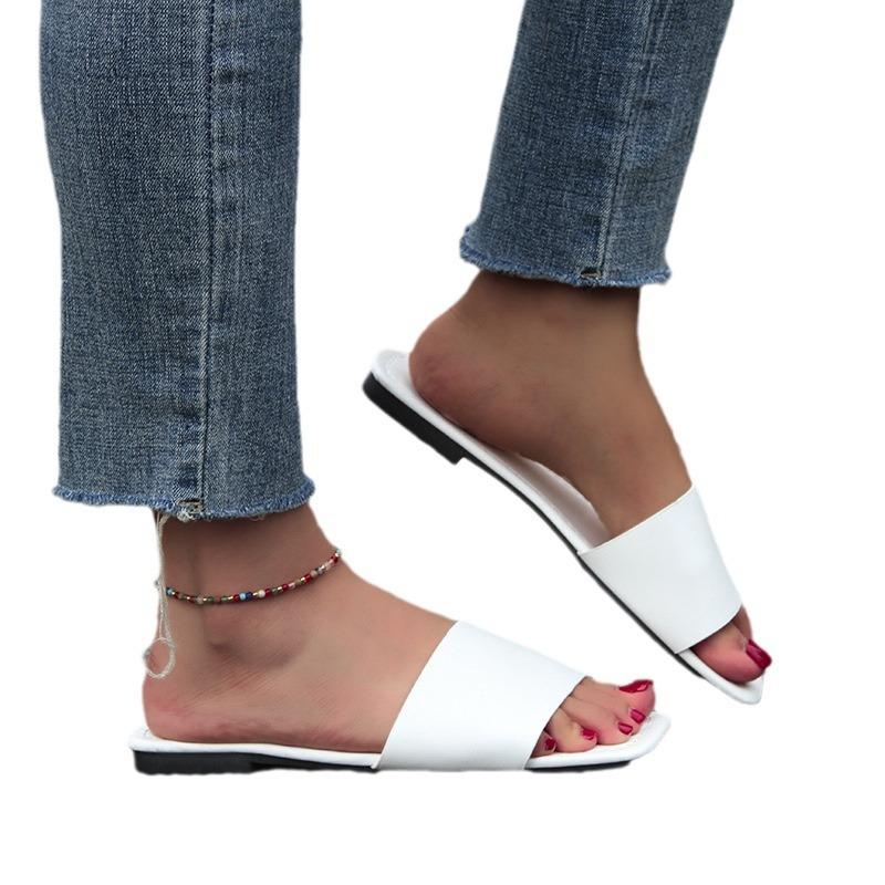 Fashion Big Size Square Toe Beach Shoes Woman's Slippers Slides Low Sabot 2025 Summer Soft Flat Hoof Heels Fabric Casual Rubber PU Fretw