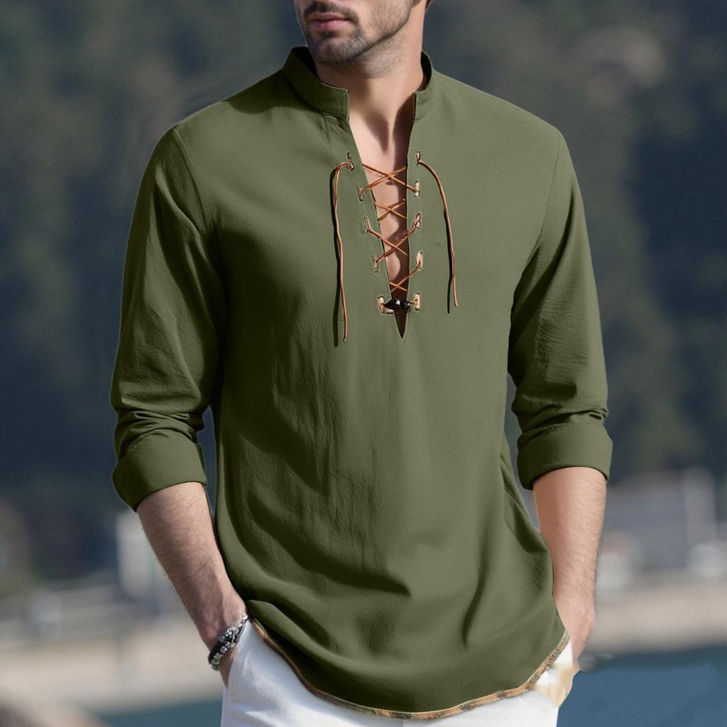 Men's Casual And Fashionable Cotton And Linen Solid Color Round-neck Long-sleeved