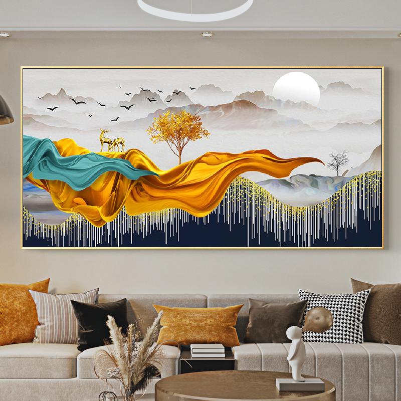 Chinese Feng Shui Golden Rich Tree Canvas Painting Wall Art Deer Landscape Lucky Stone Posters Wall Art for Living Room Decor