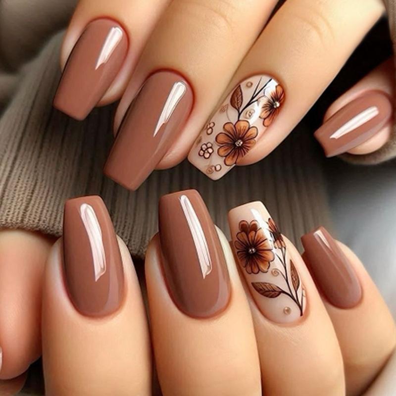 24Pcs Colorful 3D Flower Press On Nails Mid Length Ballet Square False Nails Fashion Wearable Manicure Tips