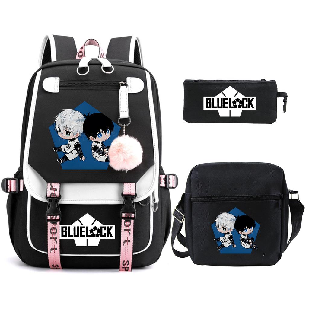 Blue Prison Student School Bag Large Capacity Children'S Shoulder Bag Casual Pencil Bag Set