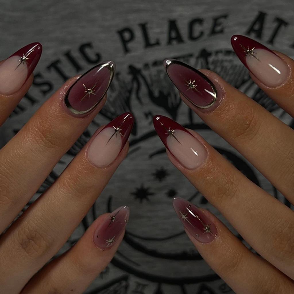 Star French Grape Smudge Detachable Nail Tablets 24 Pieces Press On Nails