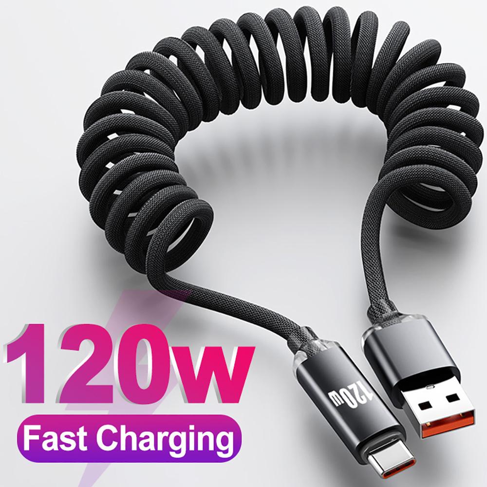 111W Car USB A to Type C Cable Spring Telescopic Fast Charging Cable USBC to C for iPhone 17 16 Samsung Xiaomi Huawei