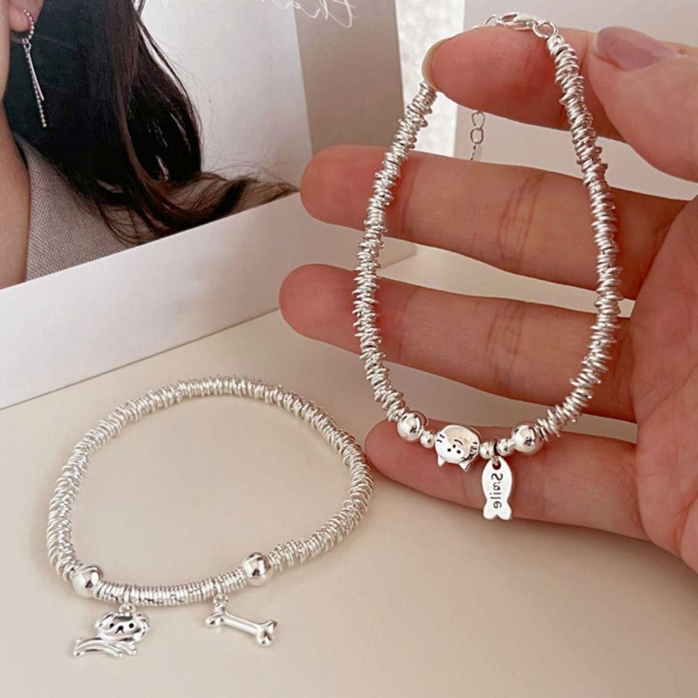 2PCS Cute Cat Fish Bracelet Lovers Friends Metal Beaded Bracelet Cute Dog Bracelets  Friendship