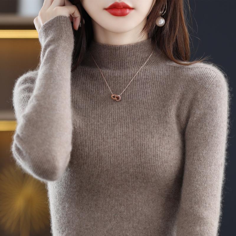 Women's Slim-Fit Korean Style 100% Wool Sweater, Half-High Neck Knit Base Layer for Autumn/Winter