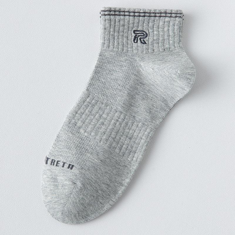 

Мужские весенне-летние хлопковые дышащие носки с низкой посадкой и сетчатыми вставками, Черно-белые, Однотонные с вышивкой буквой, Средняя длина, Спортивный стиль One Size светло-серый