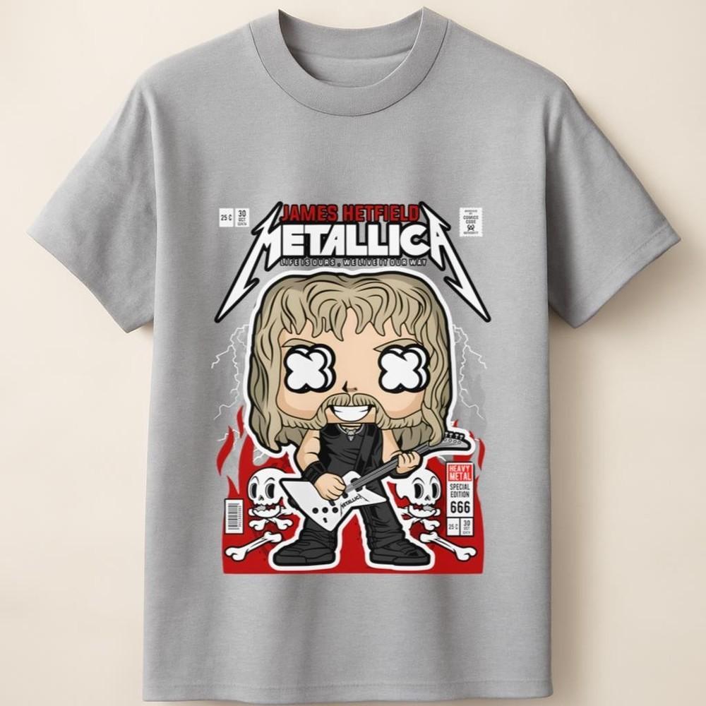 Metallica with James Hetfield Chibi Style and Red Skull Flames Unisex T Shirt Unisex T-Shirt XXXL