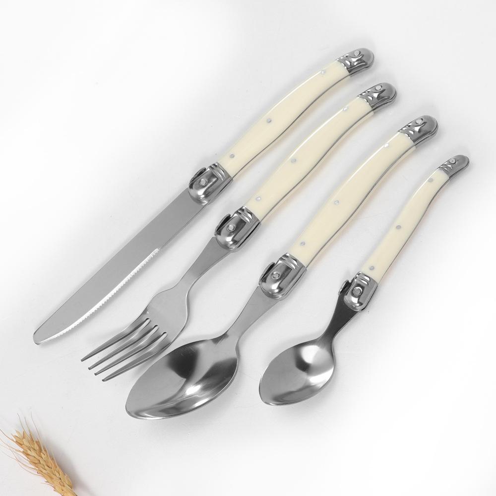 Stainless Steel Knife, Fork and Spoon Set, Milk White Plastic Handle, Steak Knife, Steak Fork and Spoon, Steak Western Tableware Household