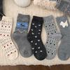 Girls' Grey Fair Isle Mid-Calf Cotton Socks, Autumn/Winter Warm Heart Pattern, Long Student Socks