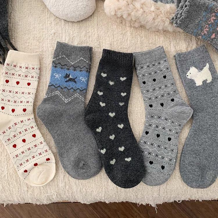Girls' Grey Fair Isle Mid-Calf Cotton Socks, Autumn/Winter Warm Heart Pattern, Long Student Socks