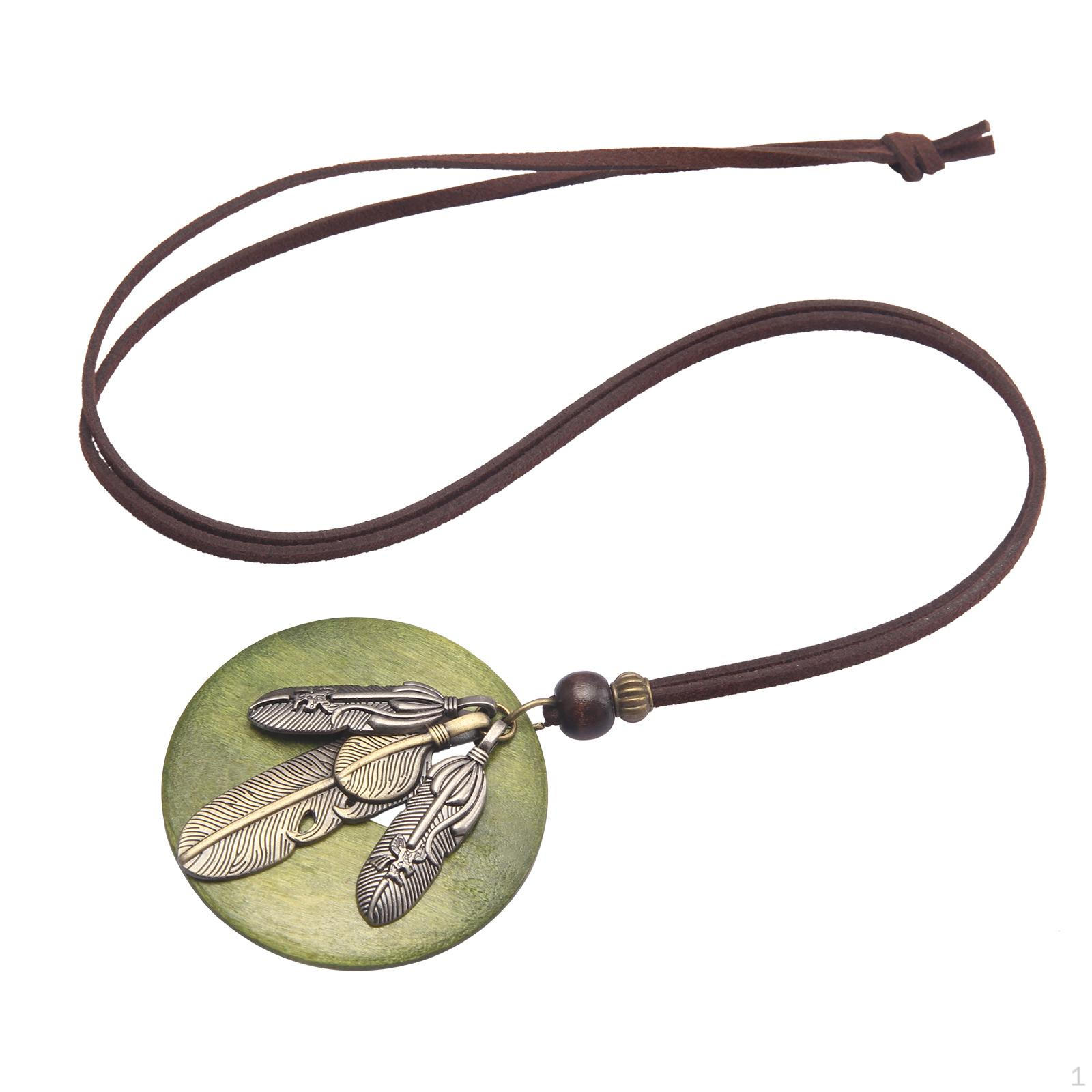 

Feather Pendant Necklace ,Long Chain, Adjustable PU Leather Cord Sweater Chain Drop зелёный