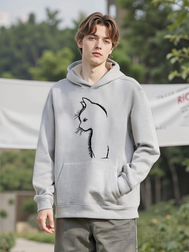 Shadow Cat Printing Men Hoody Comfortable Fleece Sweatshirts Autumn High Street Pullovers Casual Comfy Clothes Soft Warm Tops