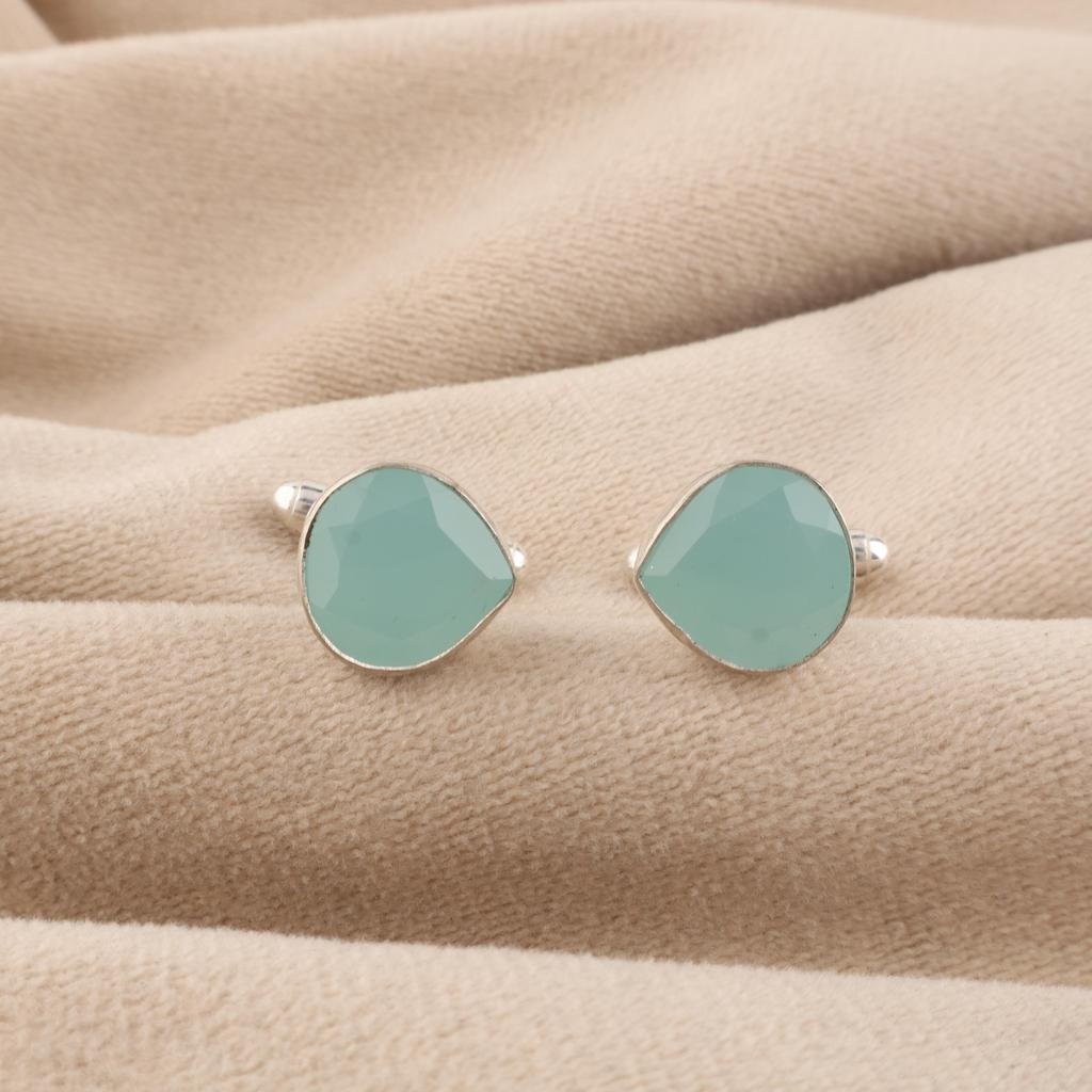Aqua Chalcedony Gemstone 925 Sterling Silver Handmade Jewelry Formal Cufflinks 1" For Wedding CL-10-16