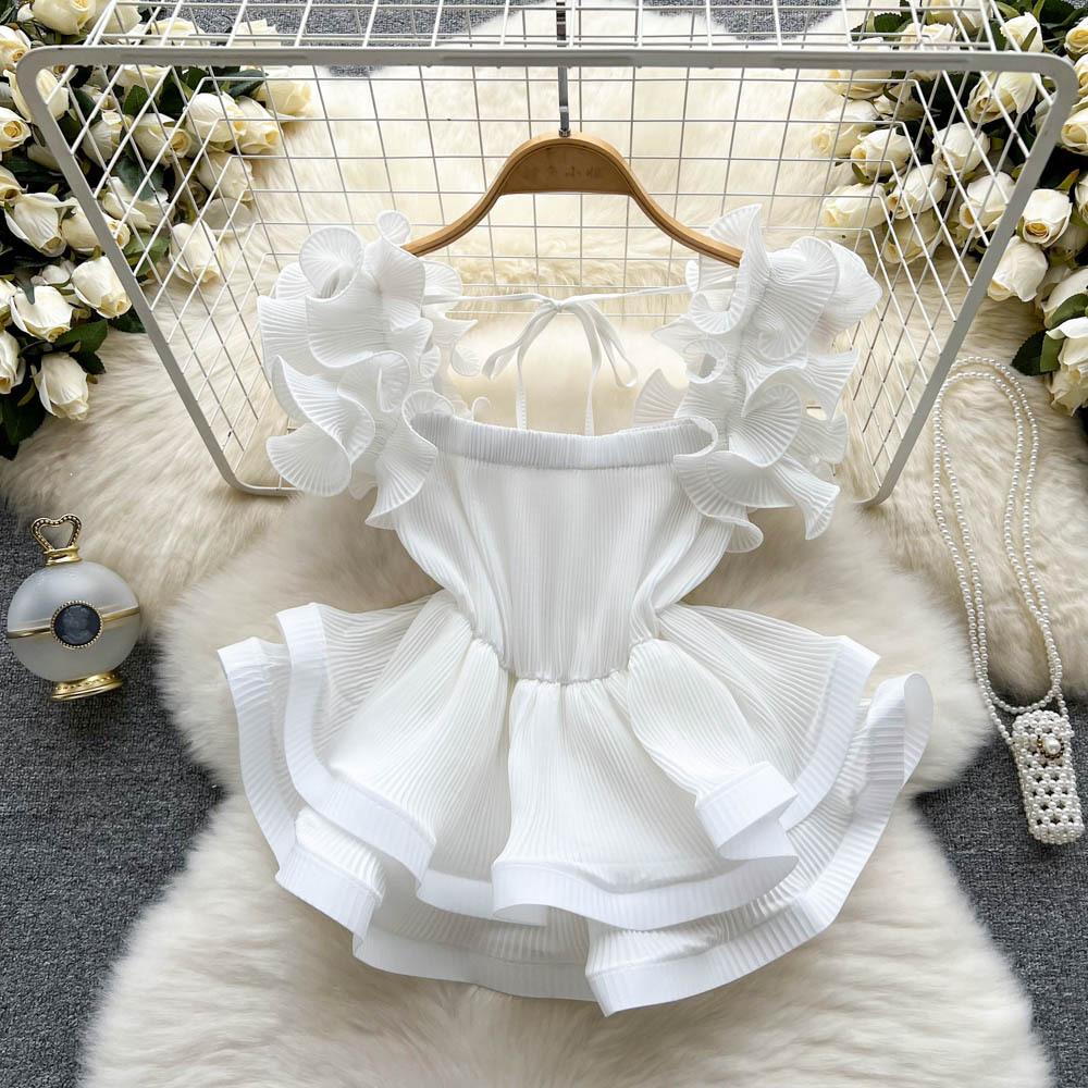 

Жилет с оборками, майка, нарядная женская летняя короткая майка с приталенной талией One size белый