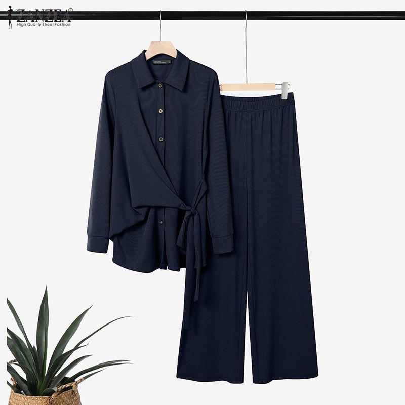 ZANZEA Bluzka z długim rękawem i spodnie damskie, casualowe dwuczęściowe zestawy garniturowe