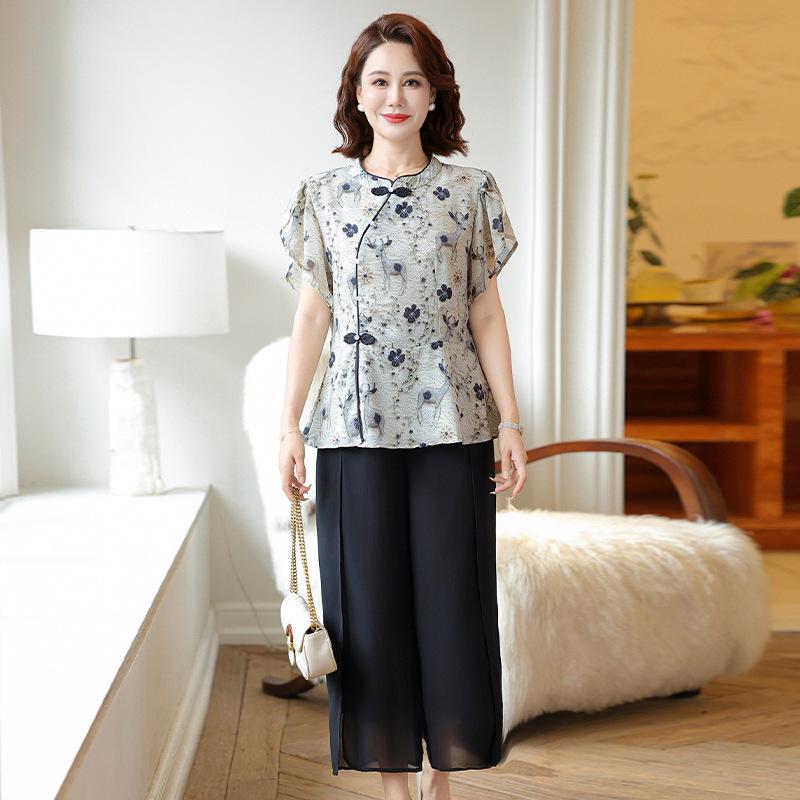 

2026 New Fashion Chinese Style Summer Set: Trendy T-shirt Blouse for Middle-Aged & Elderly Women 2XL