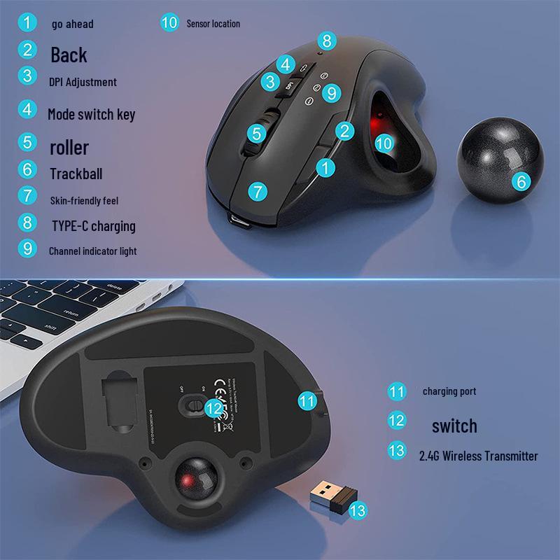 JOMAA Silent Rechargeable 2.4G Wireless Dual-Mode Trackball Mouse for Drawing & Office