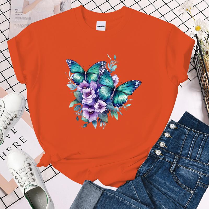(Premium T-shirt)Funny Flower Butterfly Print T-Shirts For Women Summer Round Neck Tee Shirt Femme Fashion Casual T-Shirts