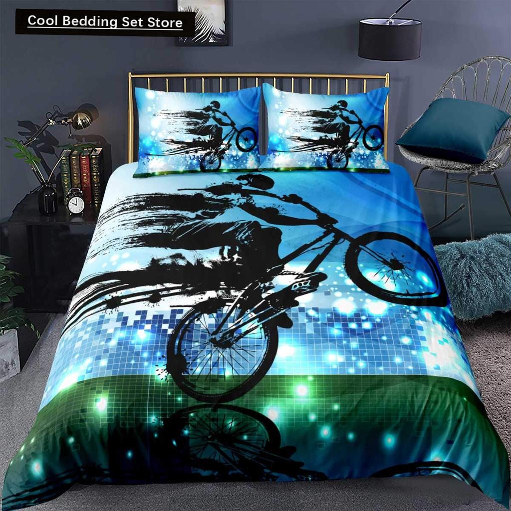Dirt Bike King Queen Duvet Cover Motocross Sports Bedding Set Motorcycle Quilt Cover Youth Cool Black White Soft Comforter Cover