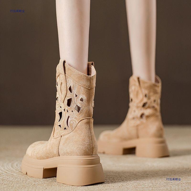 Thick-soled Retro Hollow Western Cowboy Small Short Boots New Breathable Heightening Cool Boots Medium Tube Martin Boots