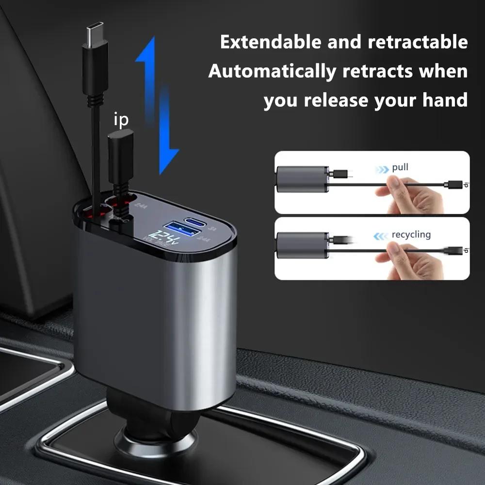 106W 4 IN 1 Retractable Car Charger USB Type C Fast Charger Digital Display Cigarette Lighter Adapter PD QC3.0 for IPhone/Samsun