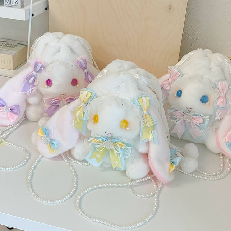 Cute Lolita Plush Bunny Backpack With Butterfly Bow For Girls Daily Use