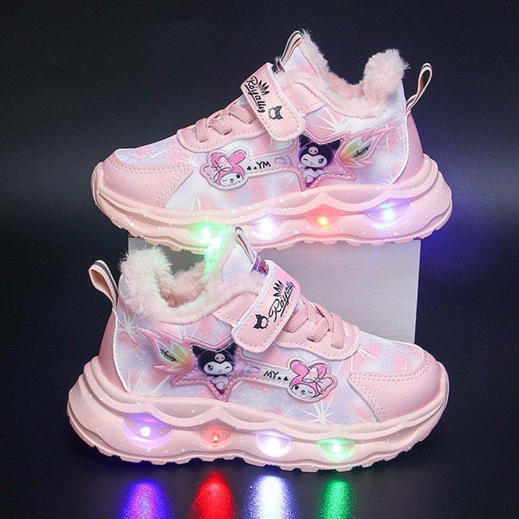 Kuromi Girls' Sneakers with Lights, New Autumn and Winter Children's Leather Shoes, Warm and Plush Running Shoes for Toddlers and Young Children