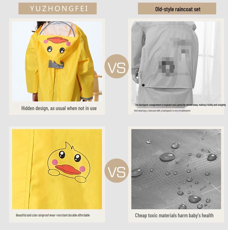 Children's Cartoon Raincoat with Backpack Space - Yellow Duck Design