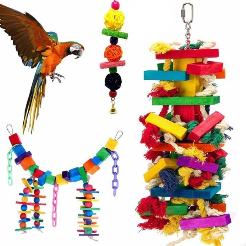 Colorful Natural Play Toy For Medium Large Birds Safe Chewing Bird Cage Hanging Activity Foraging Toy P9YB