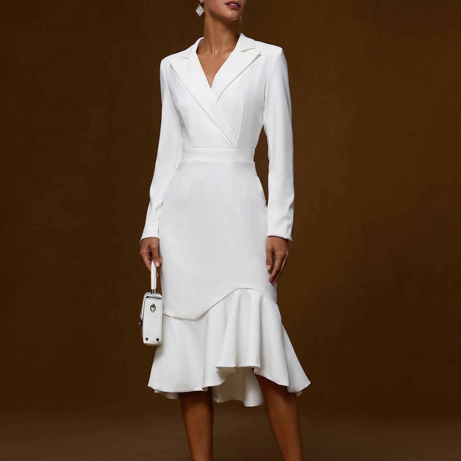 

Женственная Модная Элегантность Однотонное Платье Бодикон с Длинными Рукавами, Воротником-Стойкой, Подчеркивающее Талию, Приталенное, с Юбкой Годе XL белый