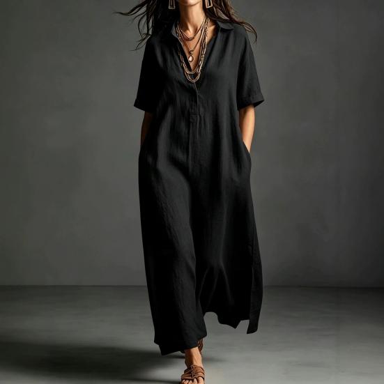 Summer Cotton Linen Dress for Women, Casual Loose Short Sleeve Long Dress, Button Up Lapel V Neck Flowy Maxi Dress