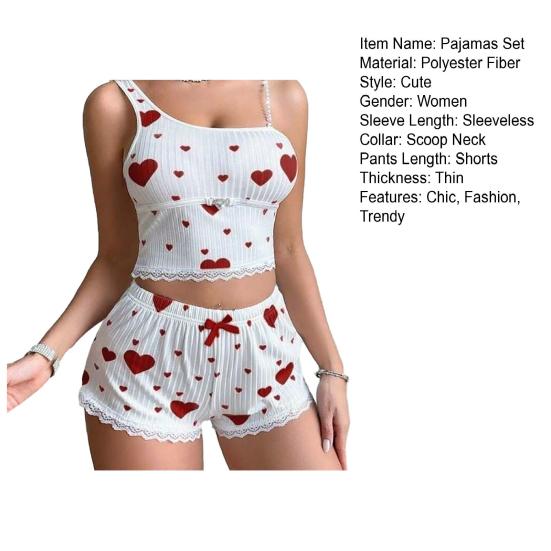 Women's Lace Trim Cami Pajama Set 2 Piece Ribbed Crop Top And Shorts Pjs Sets Heart Print Summer Casual Sleepwear