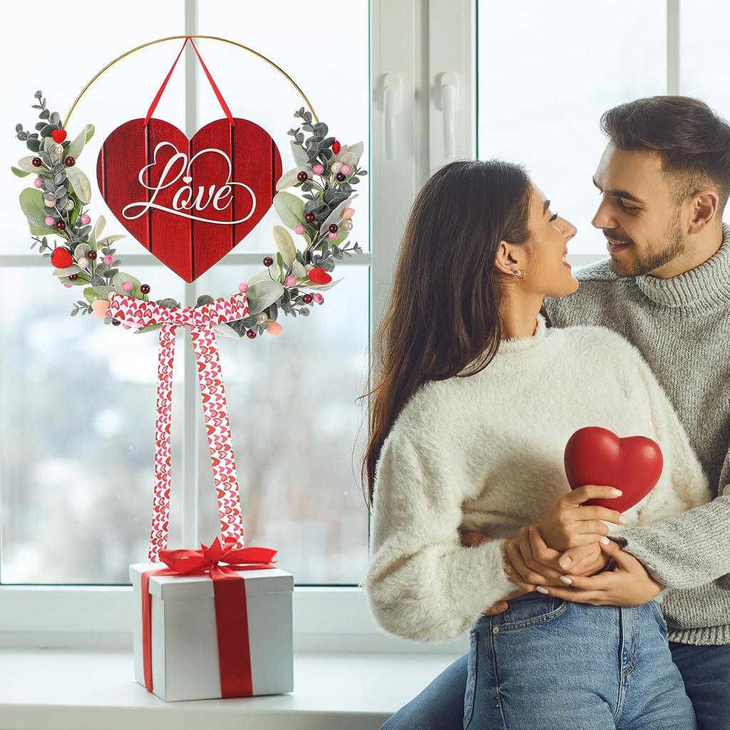 Valentines Day Wreath for Front Door - Cute Valentine Wreaths with Wooden Sweet Heart Love Sign for Wedding Engagement Party, 13 Inch Pink Wreath