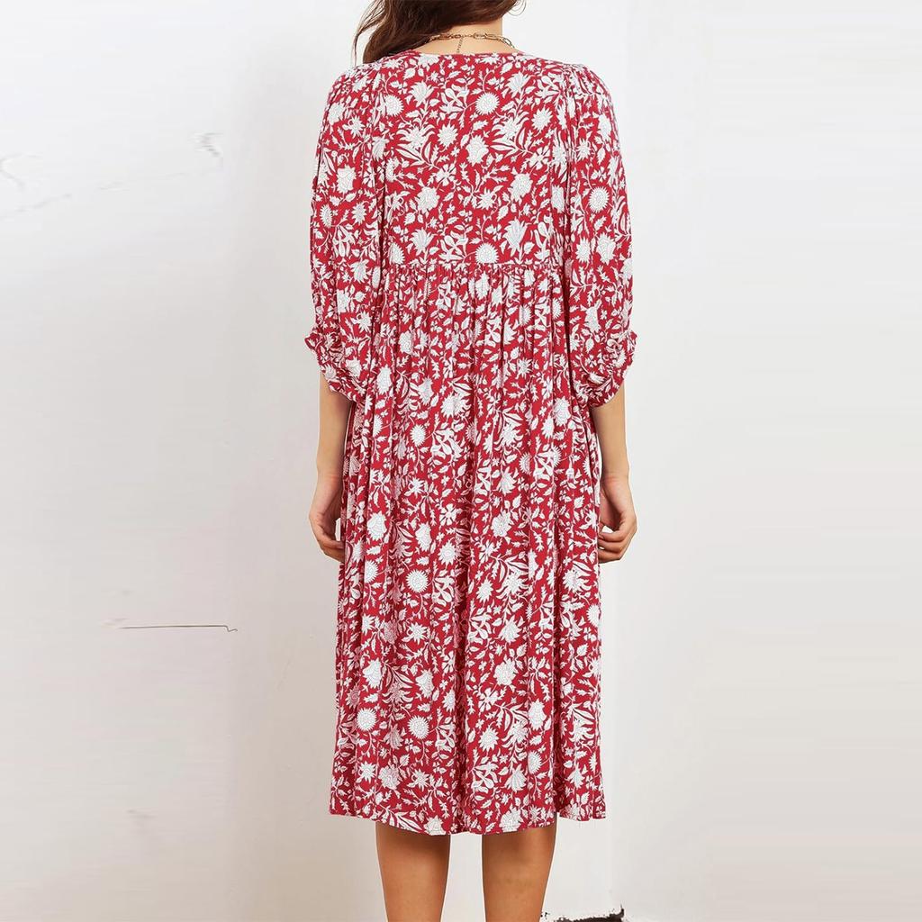 Women Floral Print Bohemian Long Dress Loose V-Neck Fashion Summer Beach Dress