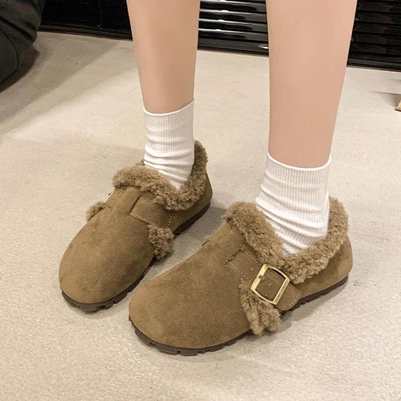 Women's Shoes 2024 Brand Buckle Strap Women's Flats Fashion Round Toe Casual Flat Shoes Hot Sale Plus Velvet Solid Flat Shoes