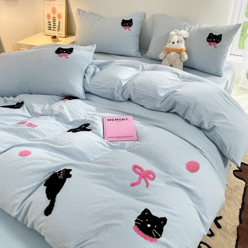 Korean Style Pink Bedding Set Black Cat Embroidery Washed Cotton  Duvet Cover Cute Cardboard  Bed linen Comforter Sets