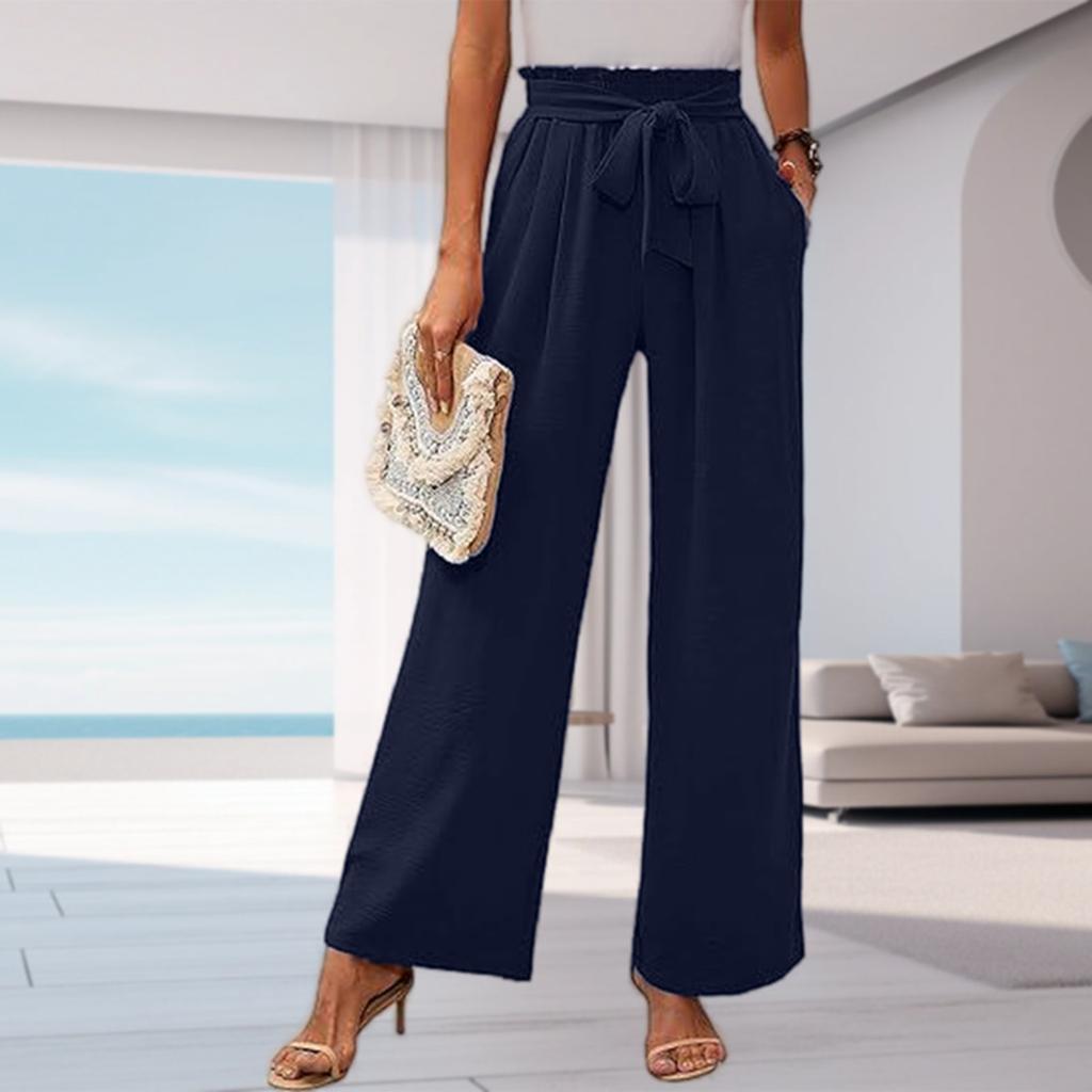 Women's High-Waisted Wide Leg Pants with Pockets - Color Casual Loose Fit Trousers for Daily Wear