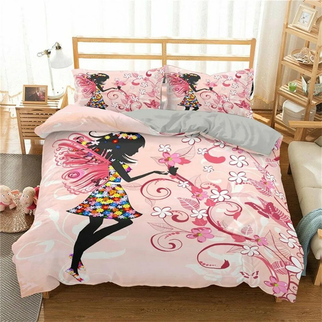 Cartoon Girly Butterfly Duvet Cover Lovely Pink Flower Fairy With Wings Romantic For Children Women Gifts For Bedroom Decoration