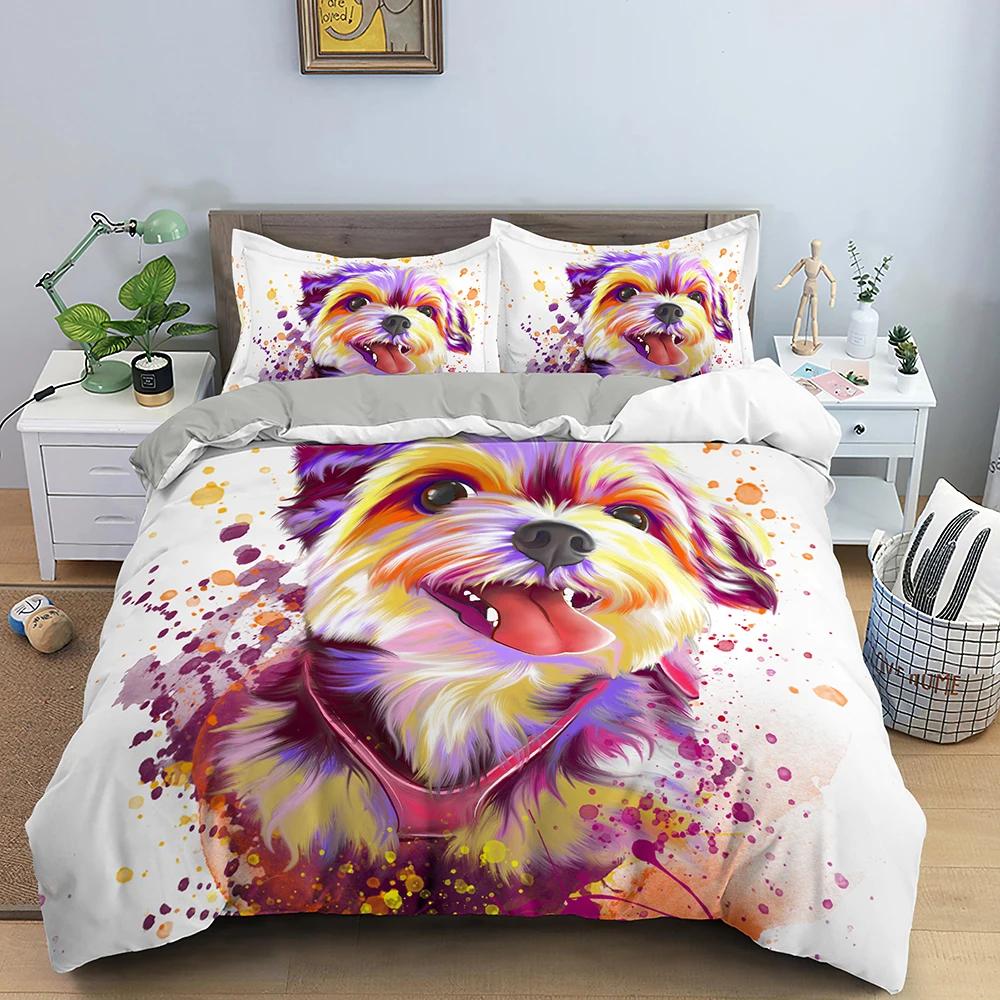Watercolor Dog Bedding Set Cute Happy Colorful Puppy Duvet Cover Cartoon Bedding Decoration Queen for Women Children Girls Gift