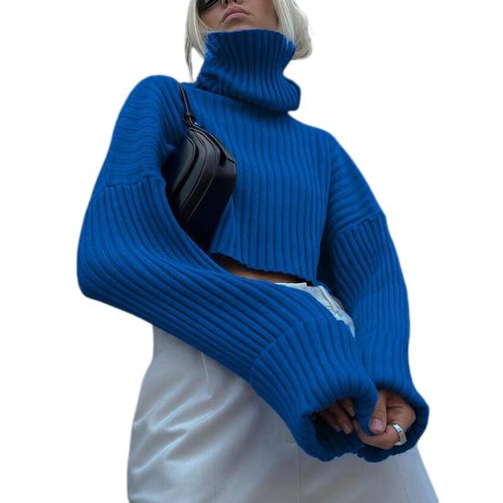 Women Sweater High Collar Flared Long Sleeve Short Knitting Tops Solid Color Loose Fit Ribbed Casual Knitwear