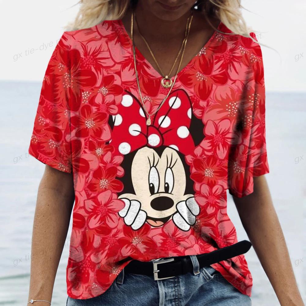 New Women Disney Mickey Mouse Print Vintage T Shirts Women Tops V Neck Pullovers Casual Streetwear Short Sleeve Tops Summer