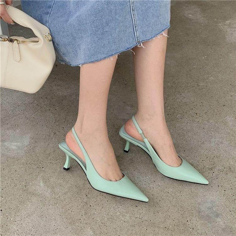 Spring and Summer New Solid Color Pointed Head Thin Heel Middle Heel Sandals Fairy Fairy with Skirt Empty Bag Head High Heel Single Shoes