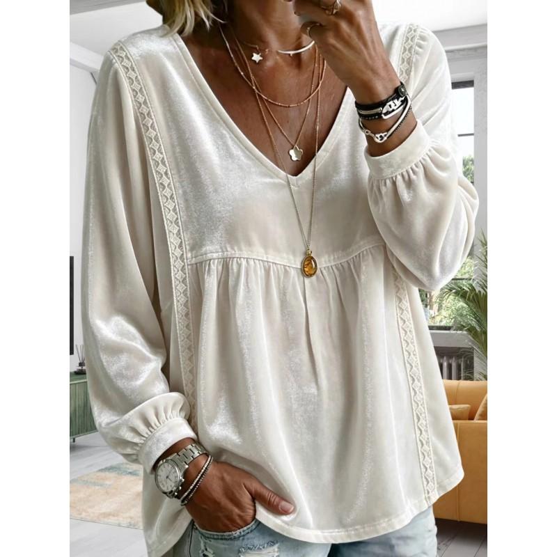 Womens V-Neck Velvet Loose Long Sleeve Top - Soft Casual Shirt In Solid Colors 2026
