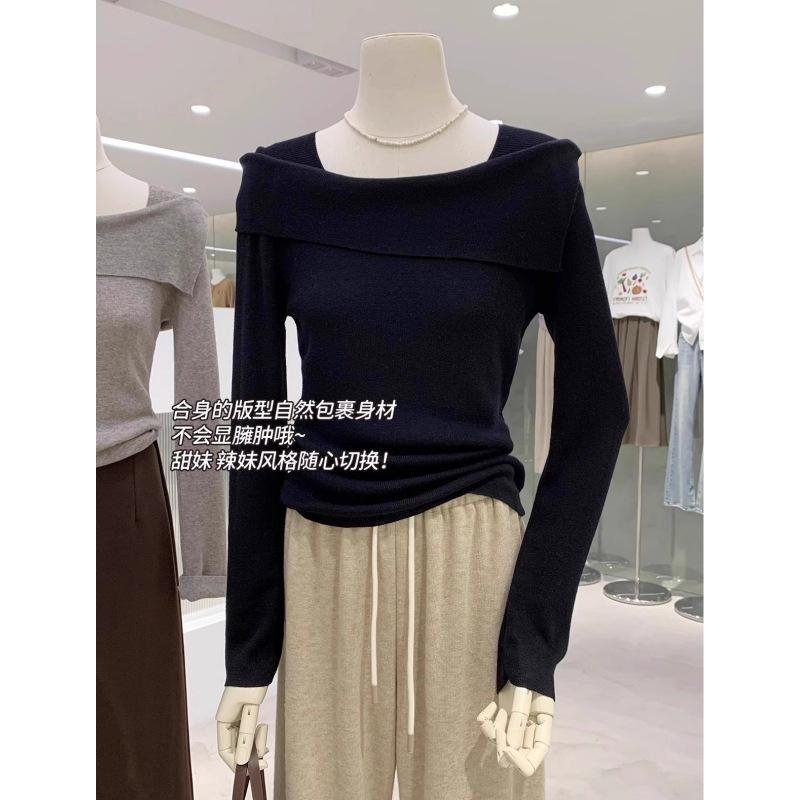 Irregular one-word collar off-shoulder top women's spring soft waxy knitted sweater temperament slim-fitting bottoming shirt
