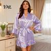 Comfortable Home Wear Women Silk Nightgown with Ruffle Hem, Sexy Long Sleeves V Loose Night Dress Neck Satin Nightshirt, Short Nightdress Sleepwear