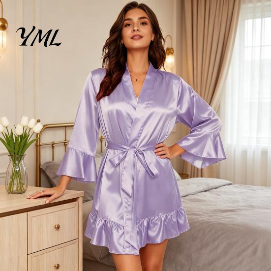 Comfortable Home Wear Women Silk Nightgown with Ruffle Hem, Sexy Long Sleeves V Loose Night Dress Neck Satin Nightshirt, Short Nightdress Sleepwear