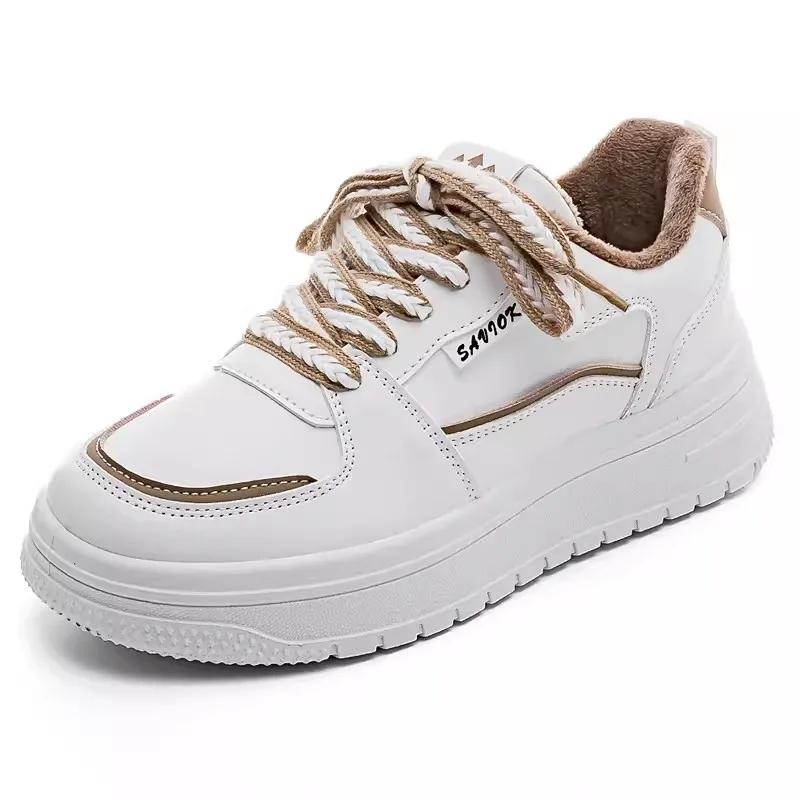 New Autumn and Winter Board Shoes for Women Thick Soles with Plush Cotton Shoes for Students Versatile Casual Sports White Shoes
