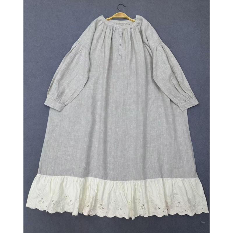 

Johnature Retro Lazy Style Layered Dress Women Loose Round Neck Long Dress For Autumn One Size бежевый