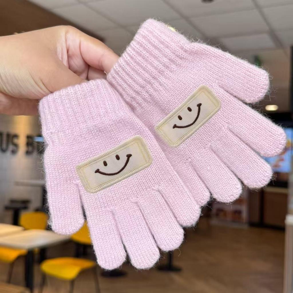 Korean Style Kids' Woolen Knit Five-Finger Gloves with Smiley Face for Autumn/Winter Warmth