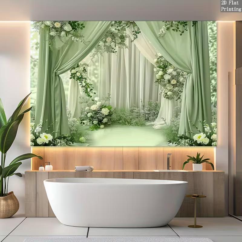 2D Flat Green Drape & White Rose Backdrop, Elegant Background for Engagement & Outdoor Wedding